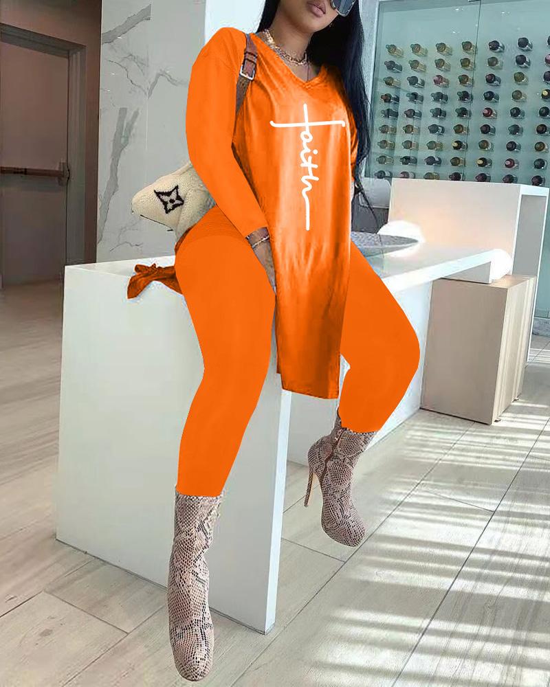 

Letter Print Split Hem Longline Top & Pants Set, Orange
