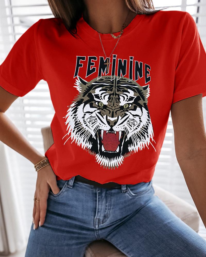 

Tiger Letter Print Casual T-shirt, Red