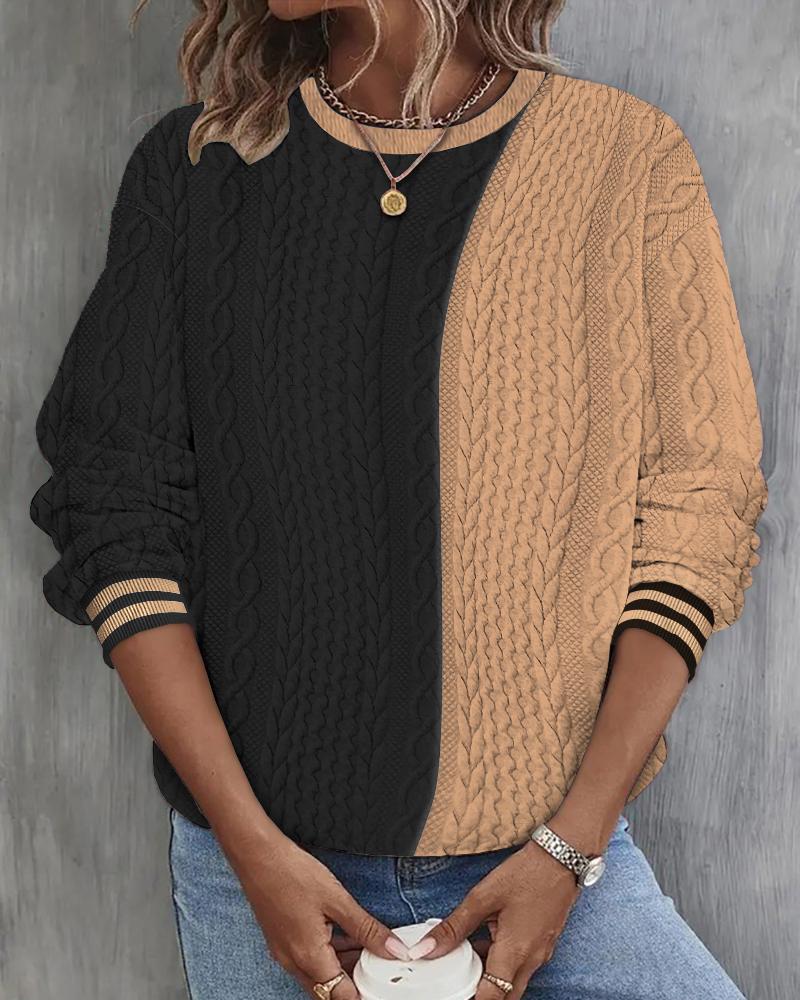 Colorblock Wheat Cable Textured Long Sleeve Sweatshirt