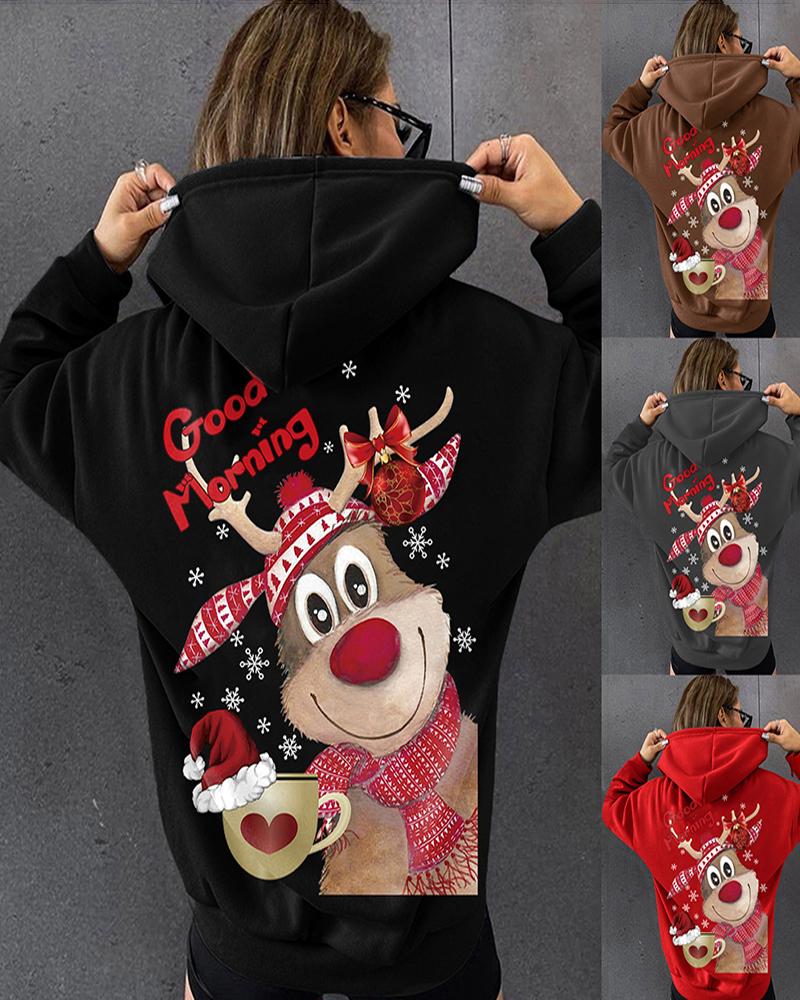 

Christmas Elk Letter Graphic Print Hooded Sweatshirt, Black