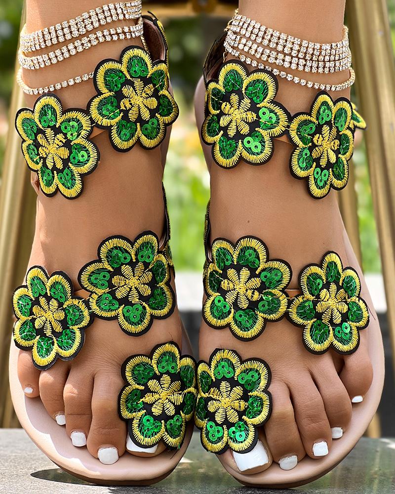 

Floral Pattern Toe Ring Beach Sandals, Green