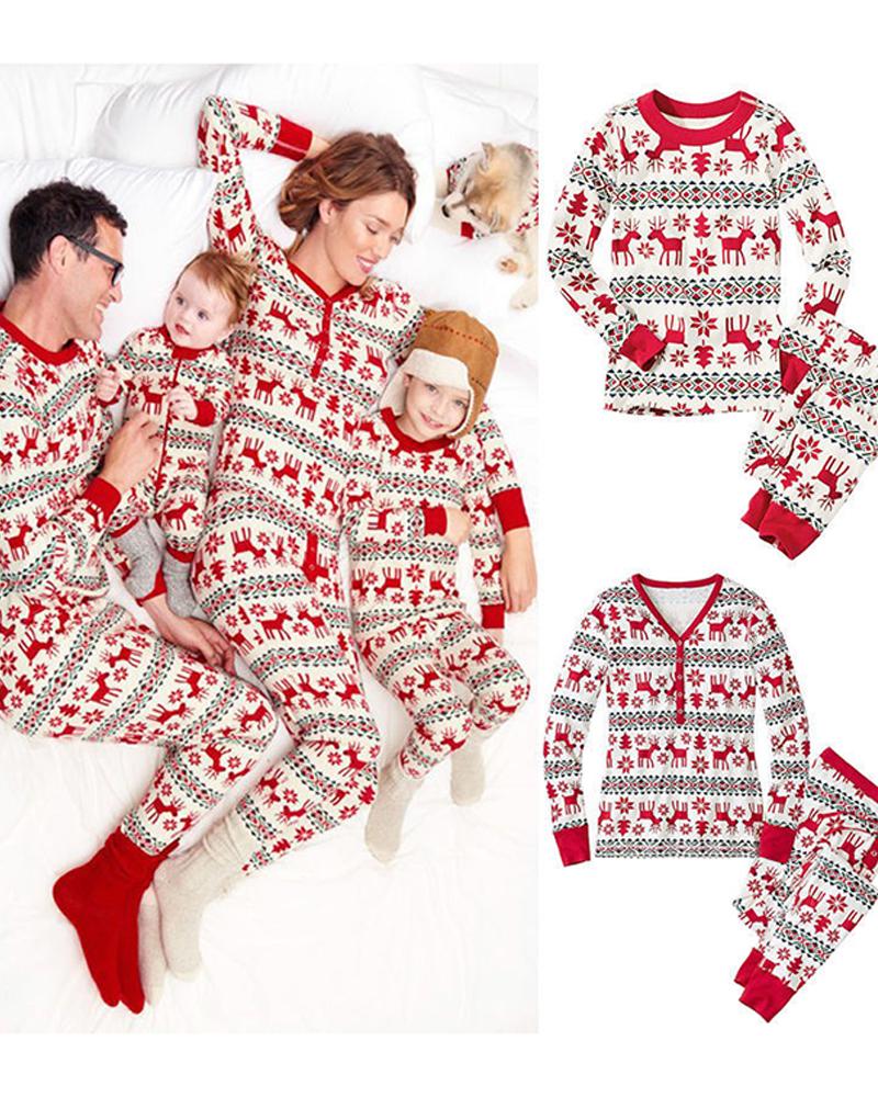 

Christmas Print Colorblock Pajamas Set For Mom, Red