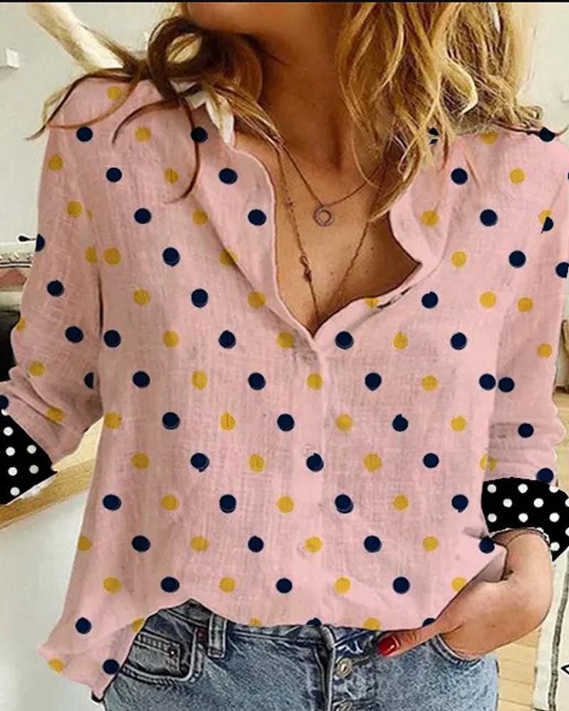 

Polkadot Print Colorblock Long Sleeve Shirt, Pink