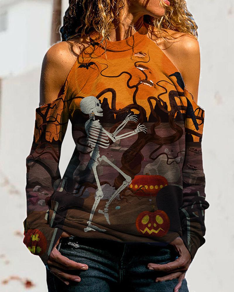 

Halloween Long Sleeve Graphic Print Cold Shoulder Top, Orange
