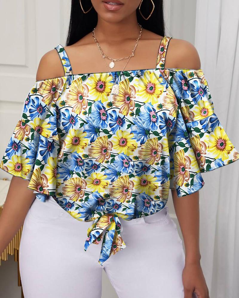 

Floral Print Knot Hem Cold Shoulder Flutter Sleeve Top, Blue