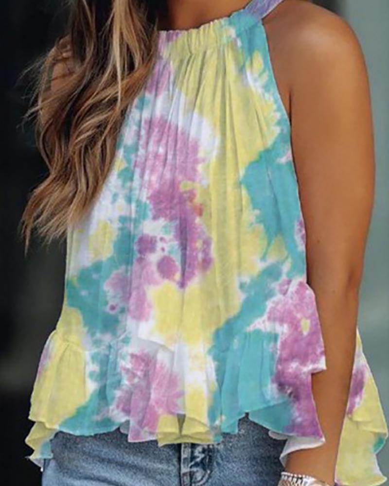 

Tie Dye Print Halter Sleeveless Ruched Top, Multicolor