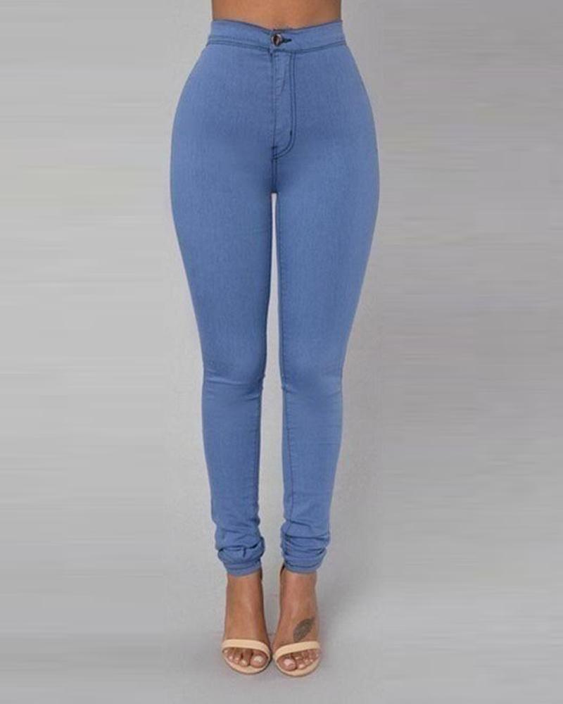 

Solid Skinny Pencil Feet Pants, Blue