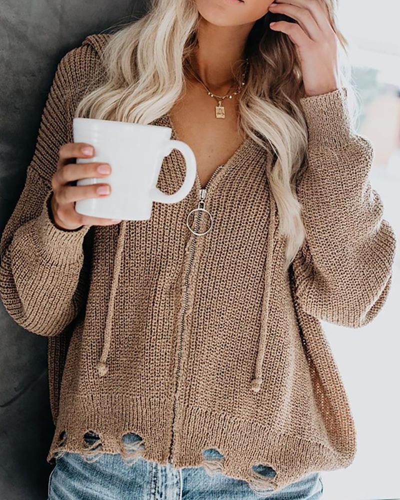 

Zipper Design Hooded Cutout Knit Coat, Khaki