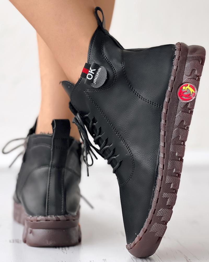 

PU Leather Lace-up Ankle Boots, Black