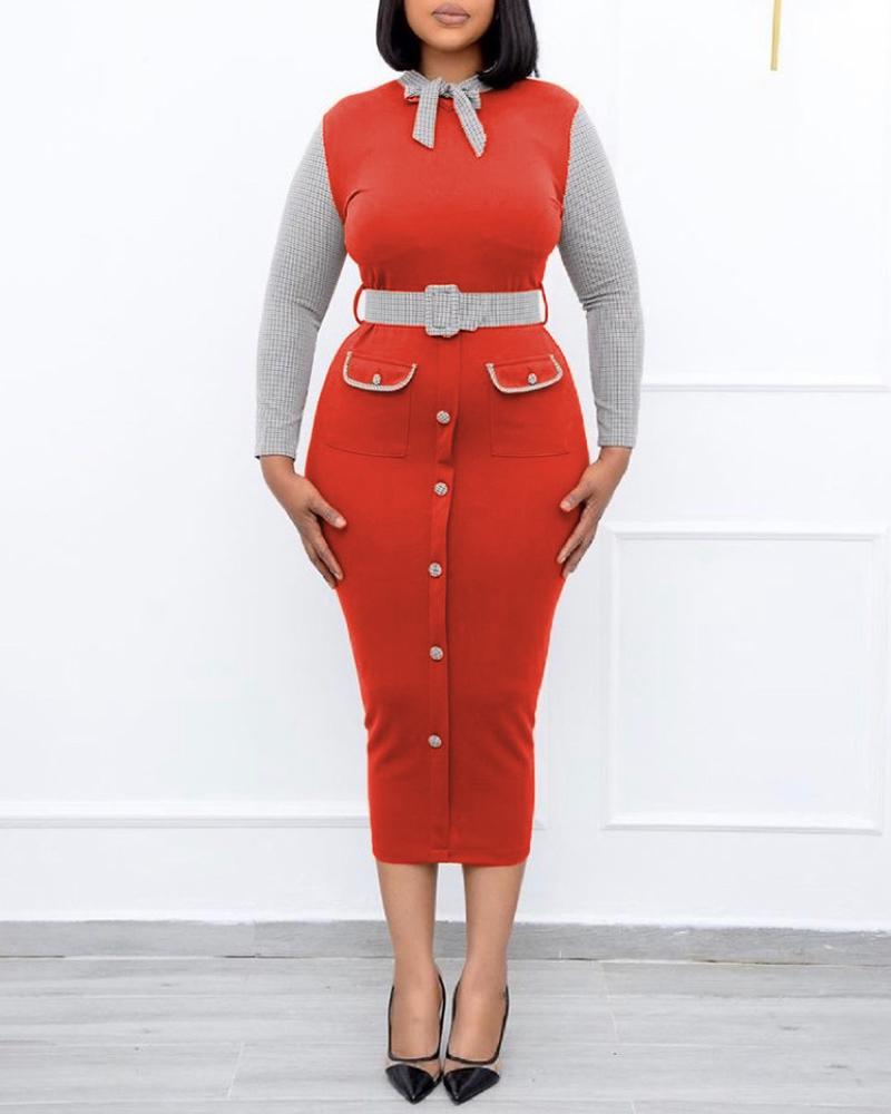 

Plus Size Plaid Print Colorblock Buttoned Work Dress, Orange
