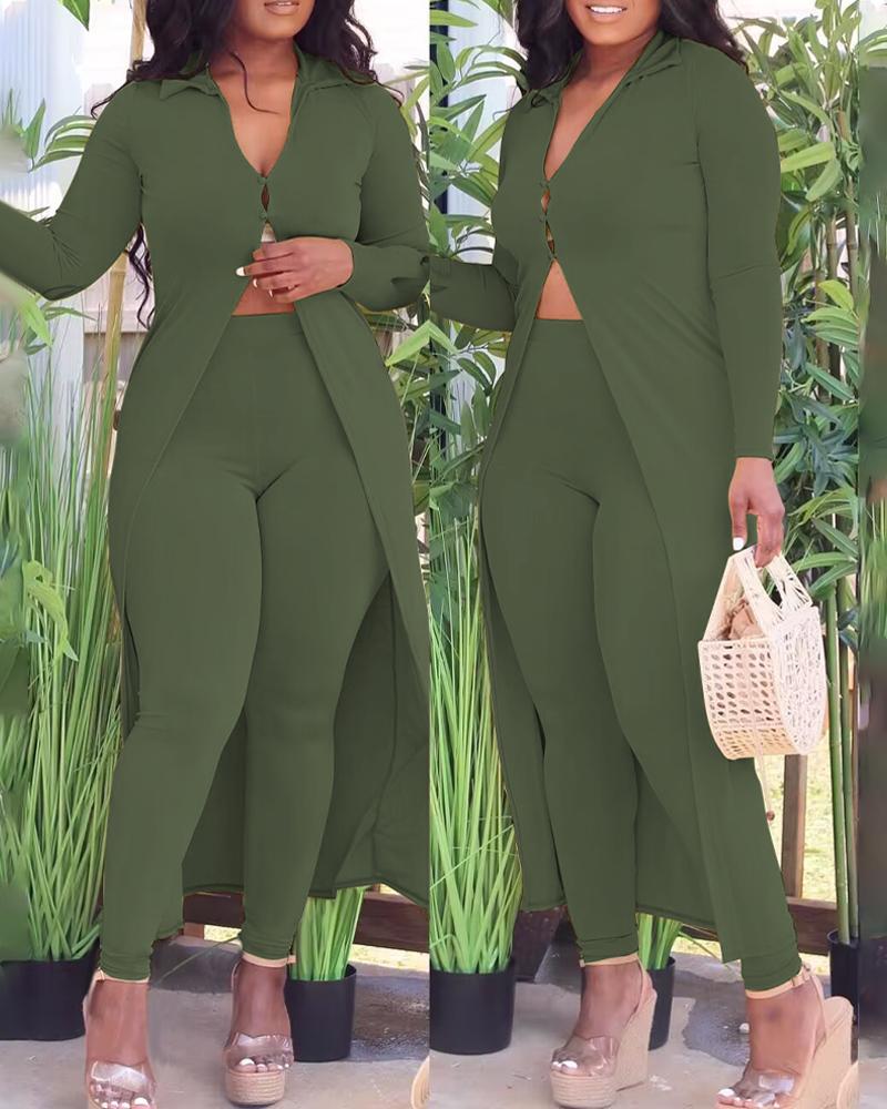 

High Waist Pants & Buttoned Longline Coat Set, Green