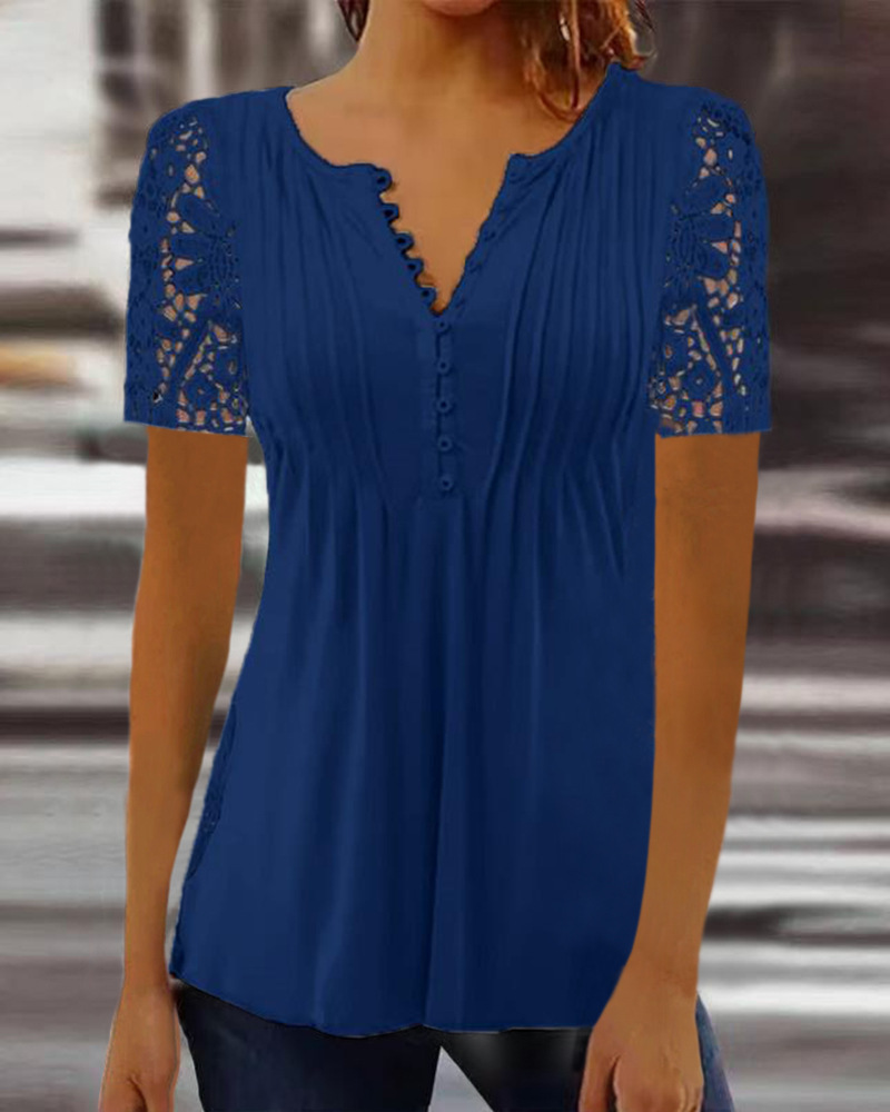 

Lace Patch Button Front Casual T-shirt, Blue