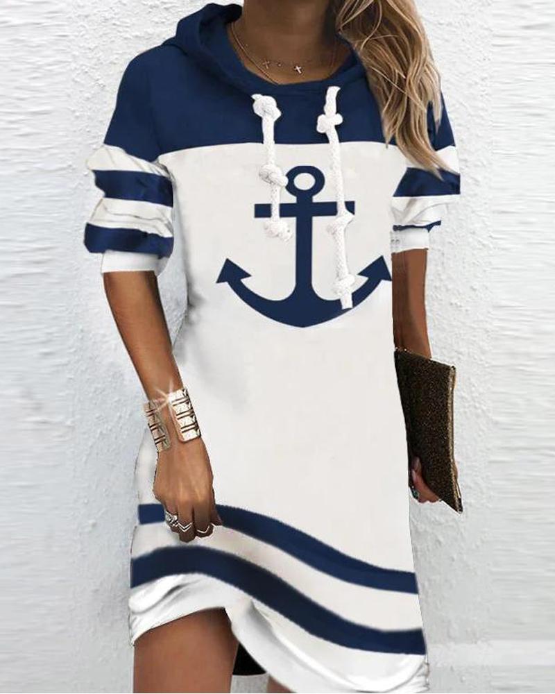 

Anchor Print Hooded Long Sleeve Dress, White