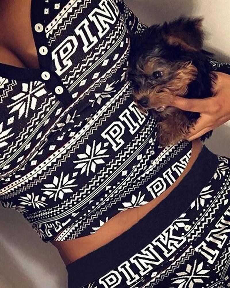 

Christmas Mixed Print Top & Pants Set, Black