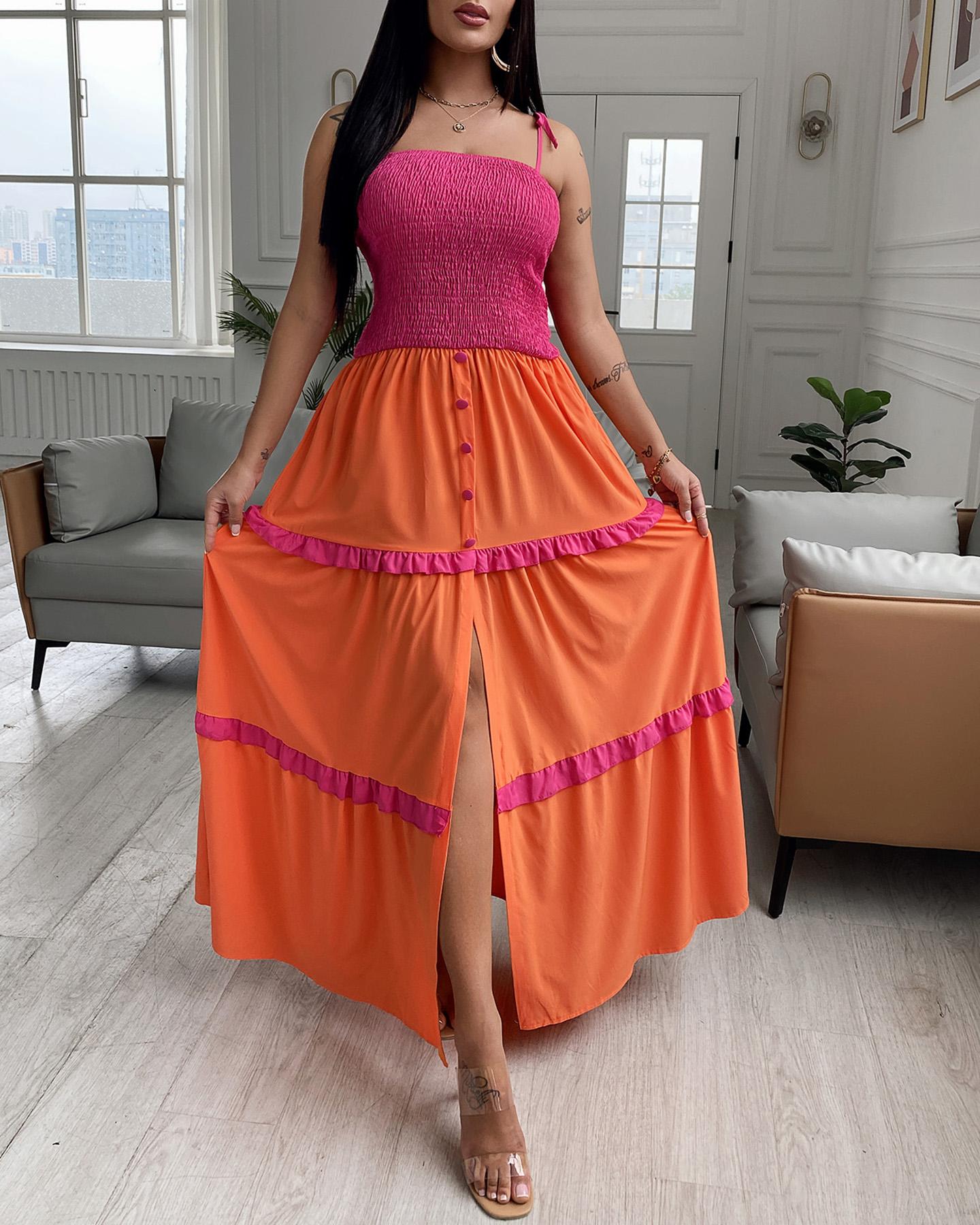 

Shirred Frill Hem Buttoned Slit Colorblock Maxi Dress, Orange