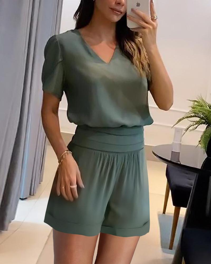 

Short Sleeve Top & High Waist Shorts Set, Green
