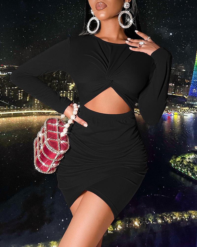 

Twisted Cutout Front Long Sleeve Bodycon Dress, Black