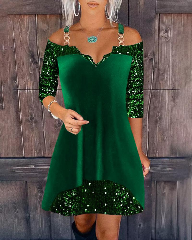 

Contrast Sequin Cold Shoulder Velvet Casual Dress, Green