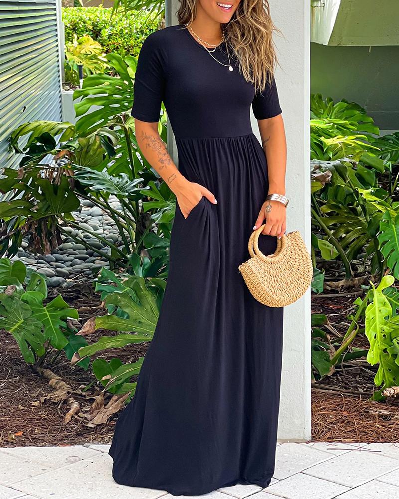 

Pocket Decor Ruched Casual Maxi Dress, Black