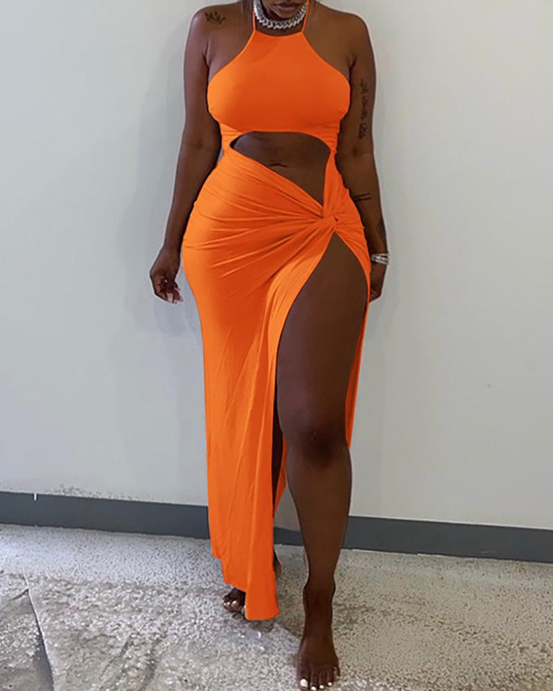

Halter Twist High Slit Cutout Maxi Dress, Orange