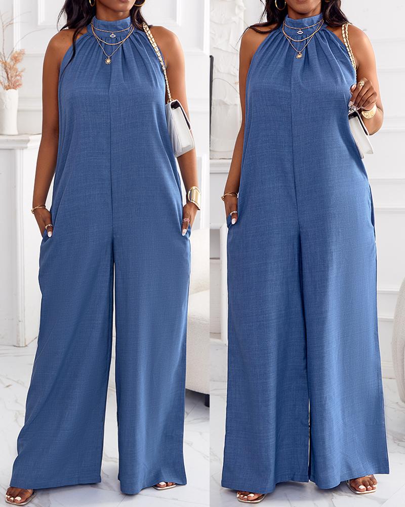 

Pocket Design Wide Leg Jumpsuit, Blue