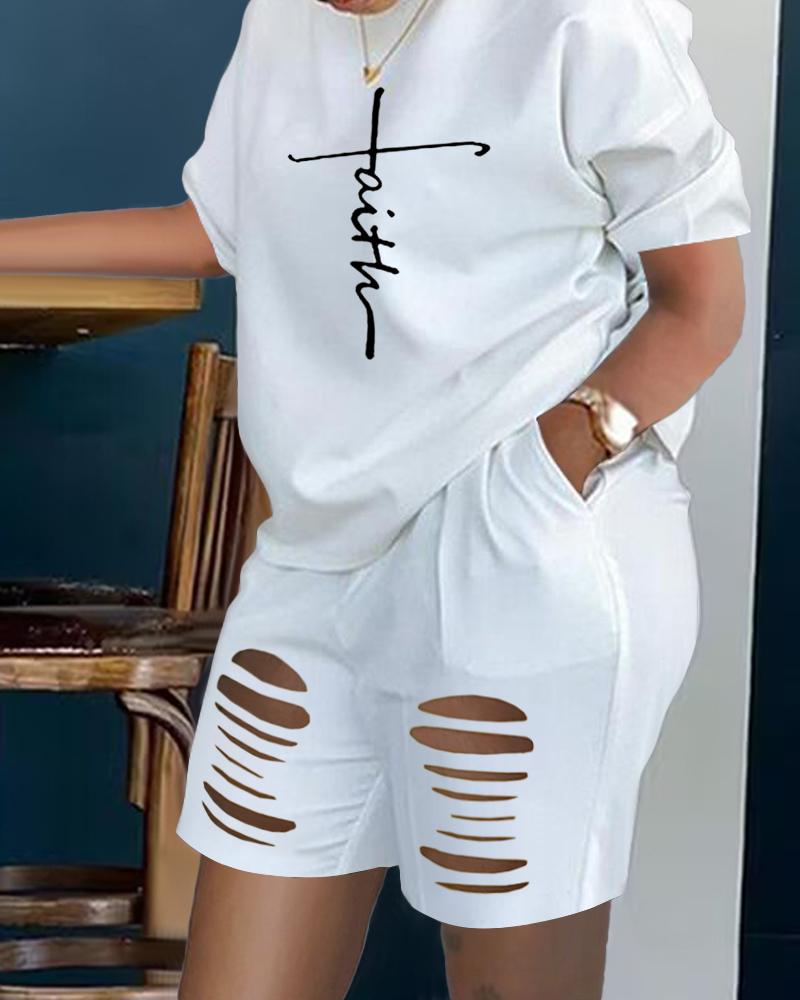 

Plus Size Faith Print Ladder Cutout Casual Top & Shorts Set, White