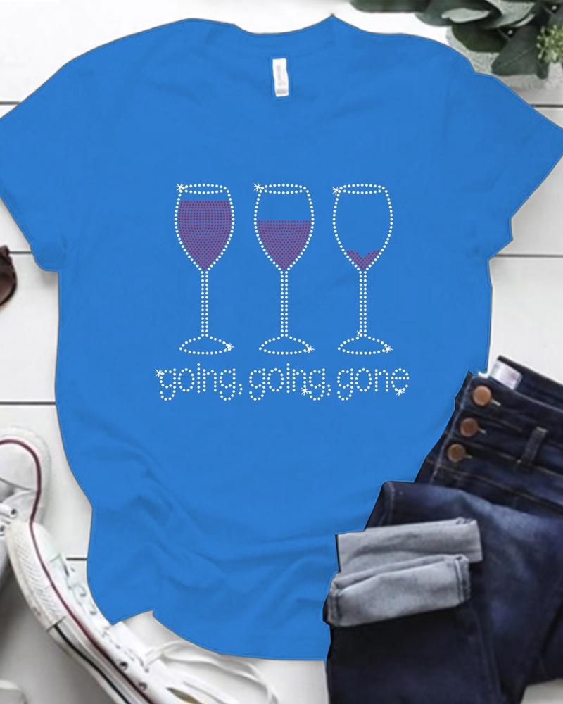 

Christmas Rhinestone Wine Glass Letter Pattern Casual T-shirt, Blue