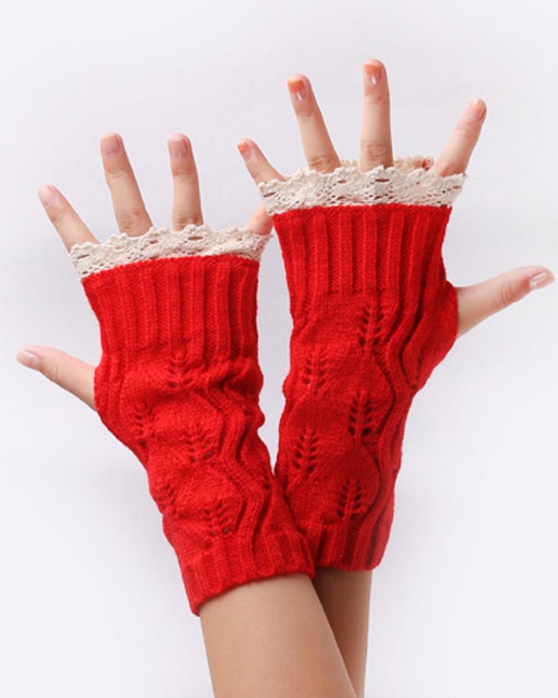 

1Pair Contrast Lace Knit Fingerless Gloves, Red