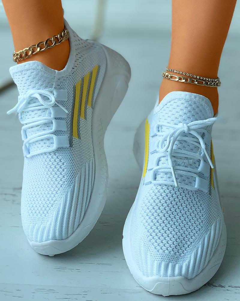 

Lace-up Knit Striped Colorblock Breathable Sneakers, White