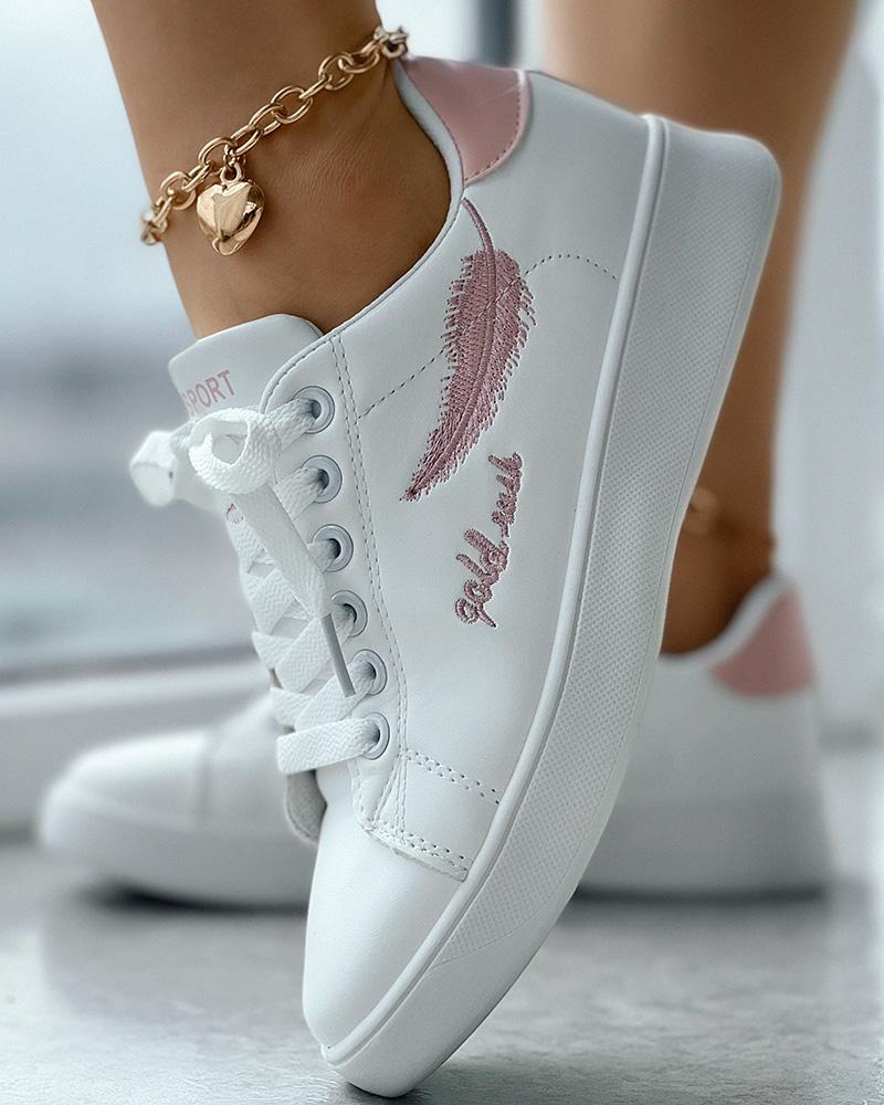

Leaf Embroidery Lace-up Sneakers, White&pink