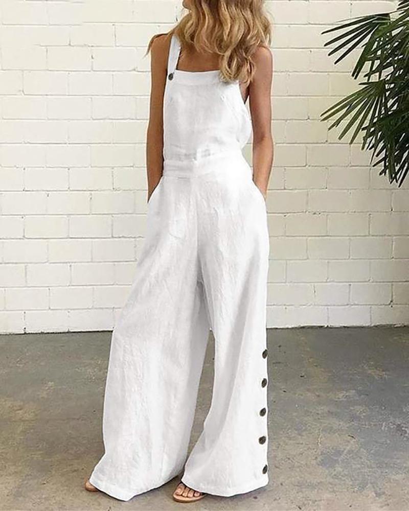 

Buttoned Pocket Design Wide Leg Suspender Jumpsuit, White