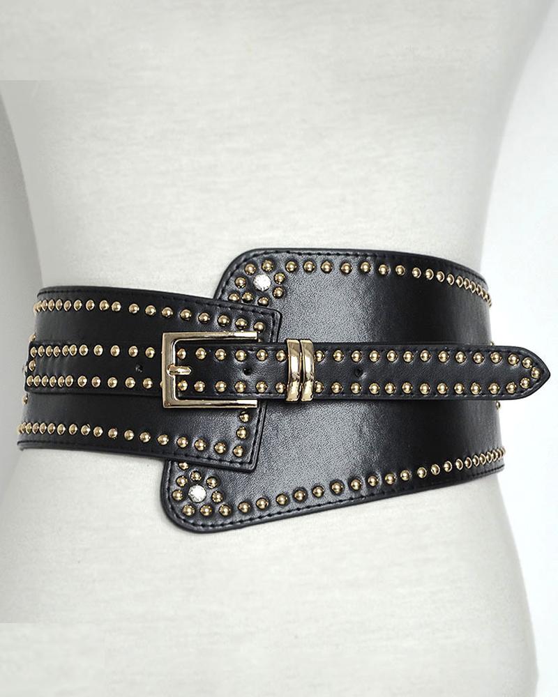 

1pc Asymmetrical Studded Decor Wide Belt, Black