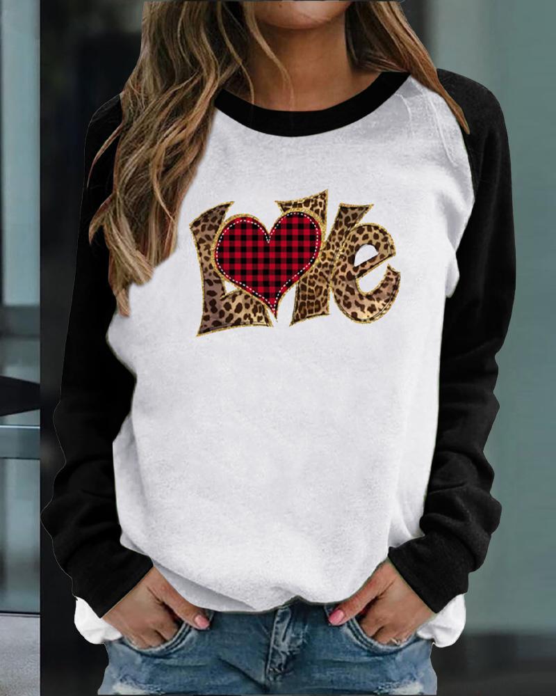 

Valentine' Day Love Heart Print Raglan Sleeve Sweatshirt, Black