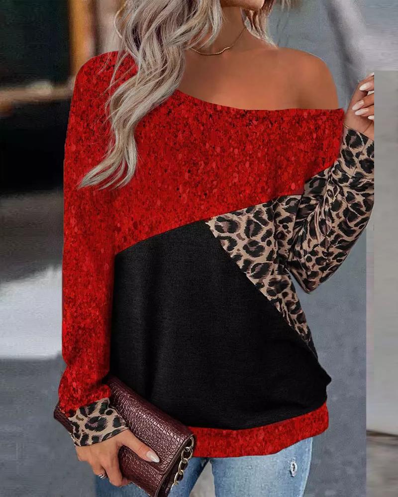 

Contrast Leopard Colorblock Long Sleeve Top, Red