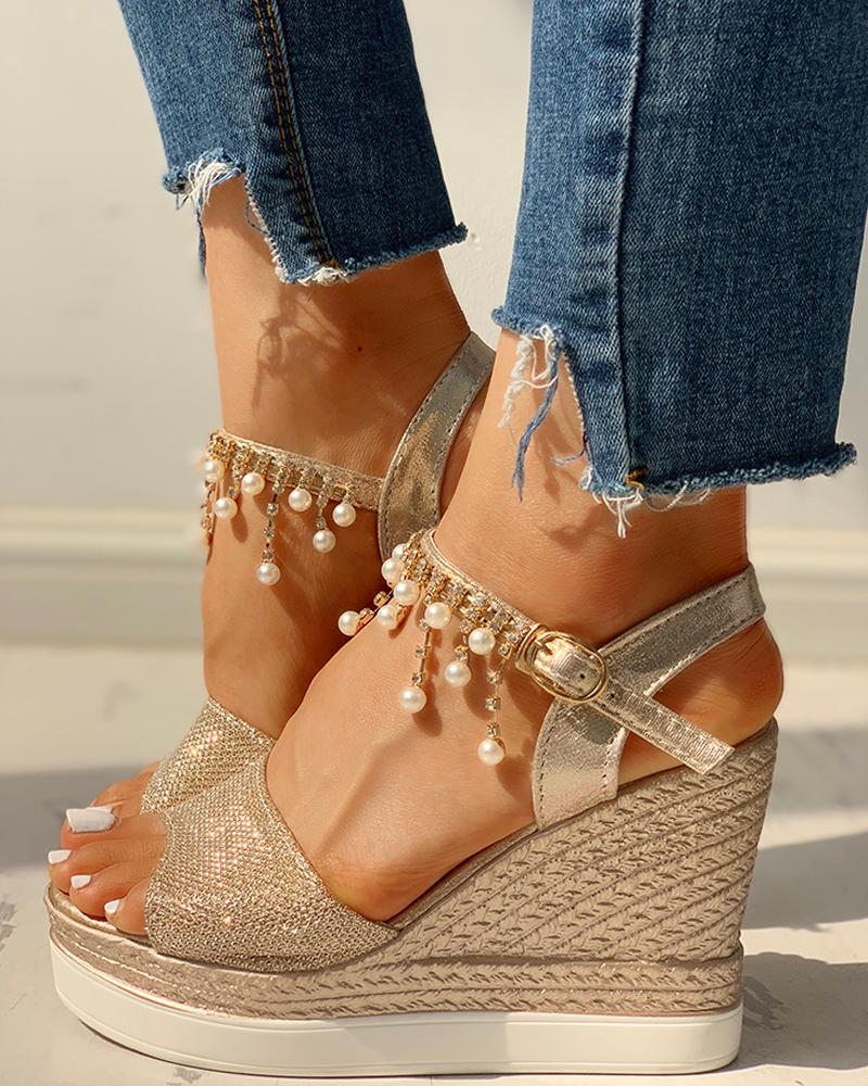 

Rhinestone Beaded Detail Platform Wedge Sandals, Gold