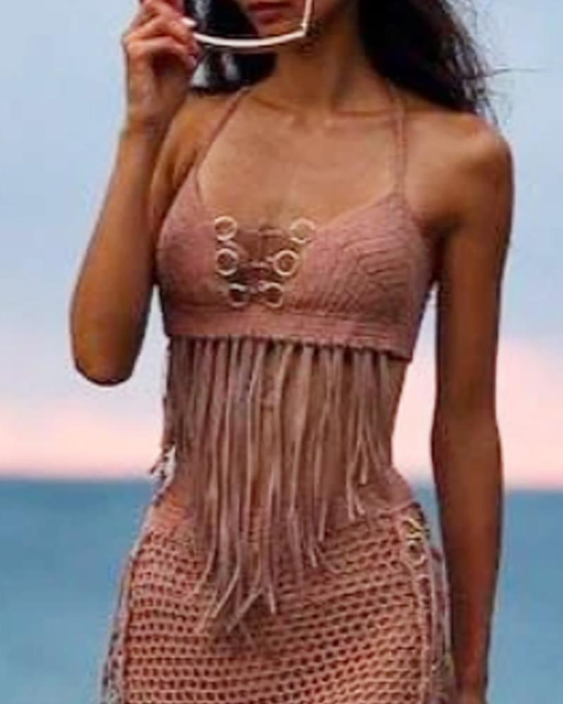 

Backless Halter Knit O-Ring Tassel Design Bikini, Pink