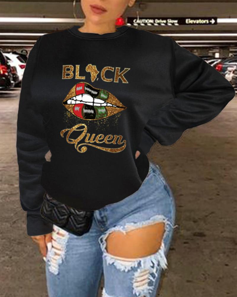 

Plus Size Lip Letter Print Long Sleeve Casual Sweatshirt, Black