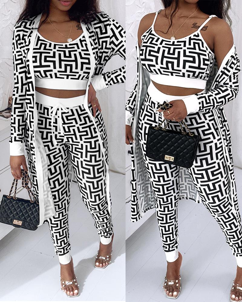

3PCS Geometric Print Cami Top & Pants Set With Coat, Blackwhite