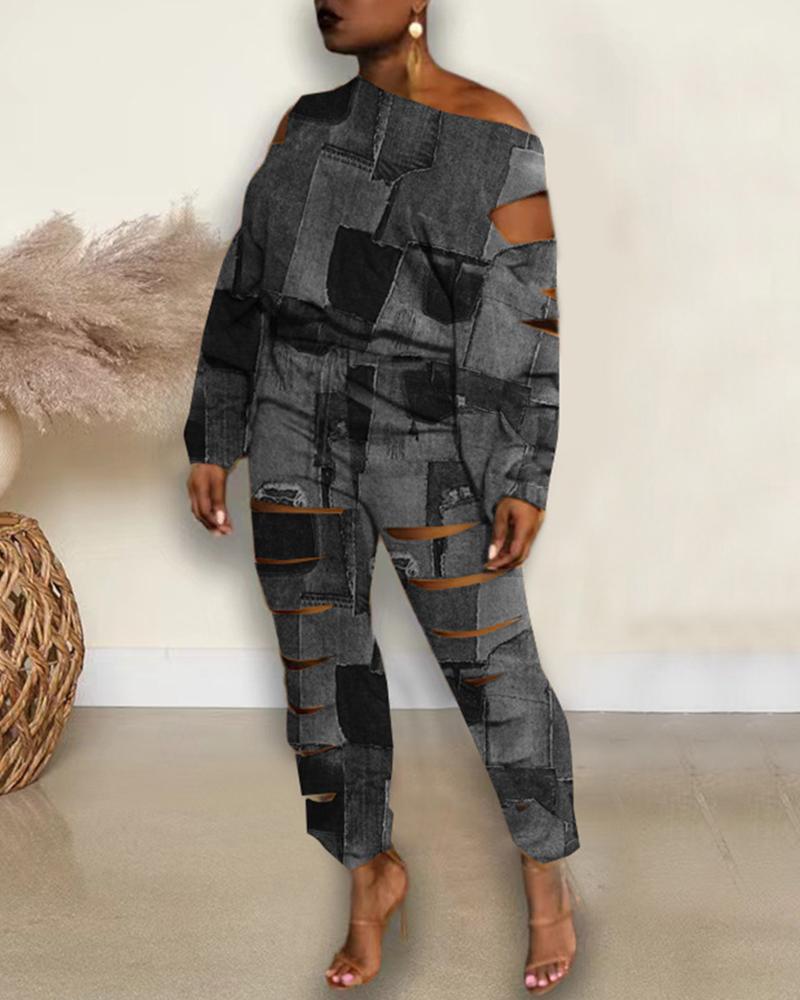

Denim Print Cold Shoulder Ladder Cutout Top & Pants Set, Black