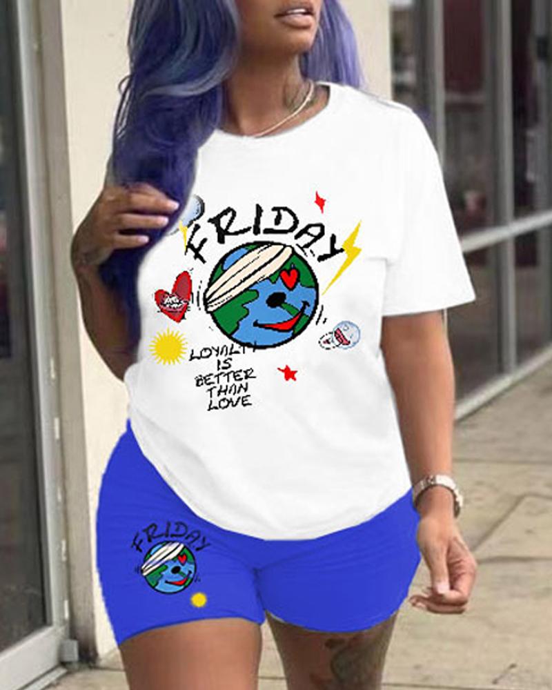

Friday Loyalty Is Better Than Love Graphic Print Top & Shorts Set, Blue