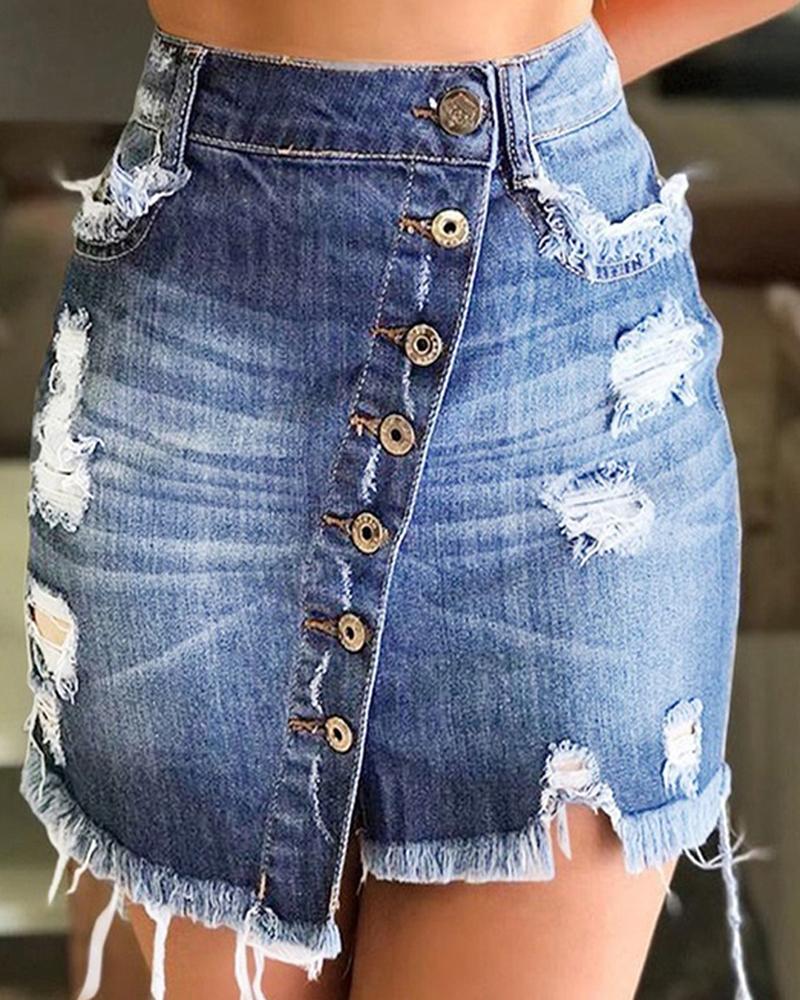 

Distressed Button Detail Mini Skirt, Lighted blue