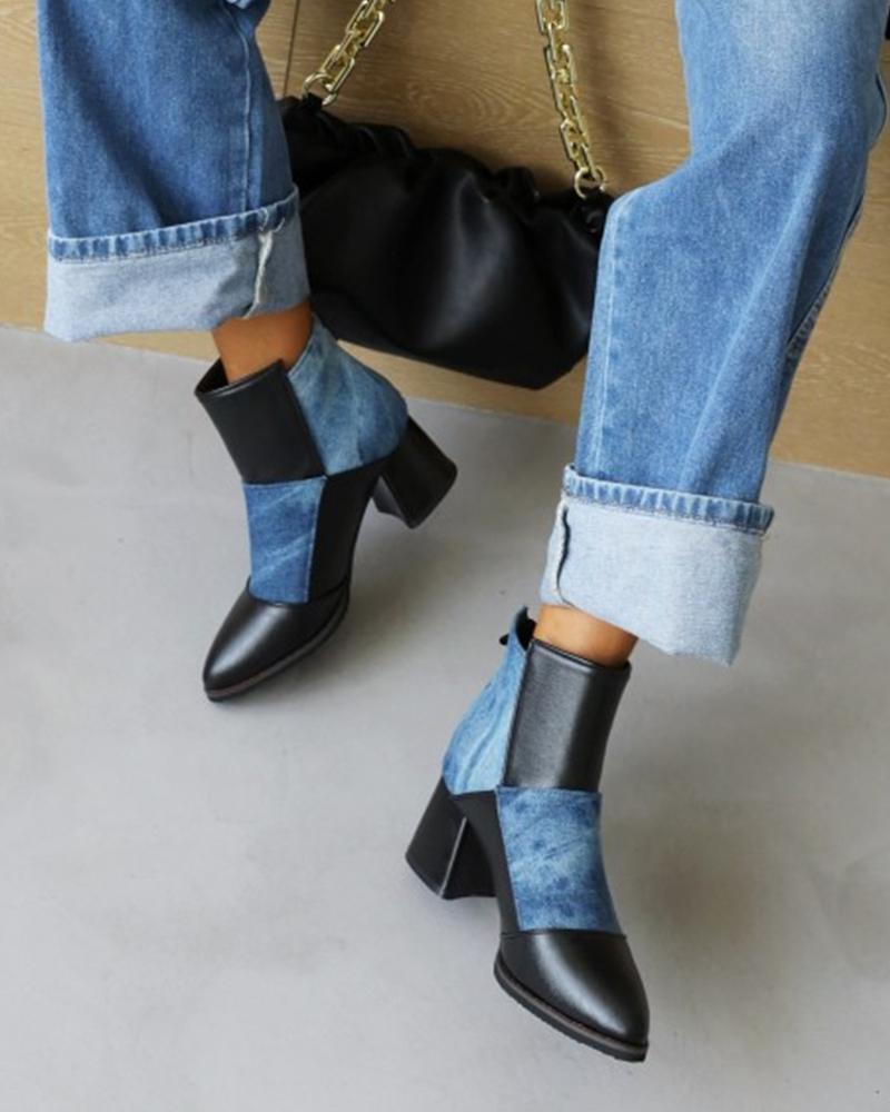 

Womens Colorblock Patchwork Wax Finish Point Toe Ankle Boots, Blue