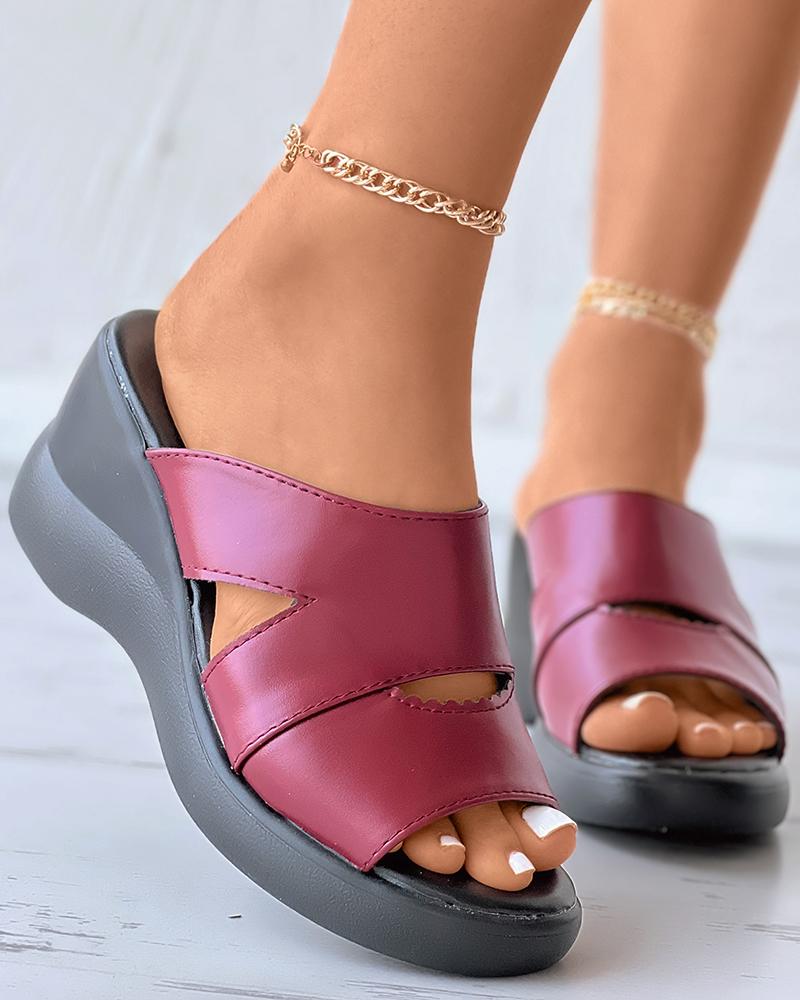 

Peep Toe Muffin Wedge Slippers, Wine red