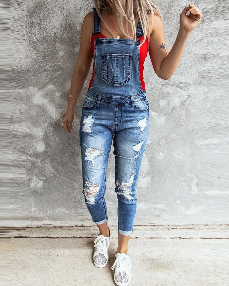 

Ripped Cutout Denim Suspender Jumpsuit, Blue