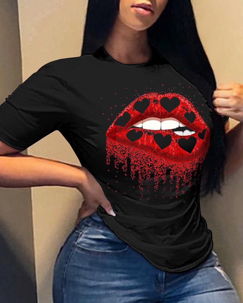 

Valentine's Day Heart Lip Print Casual T-shirt, Black