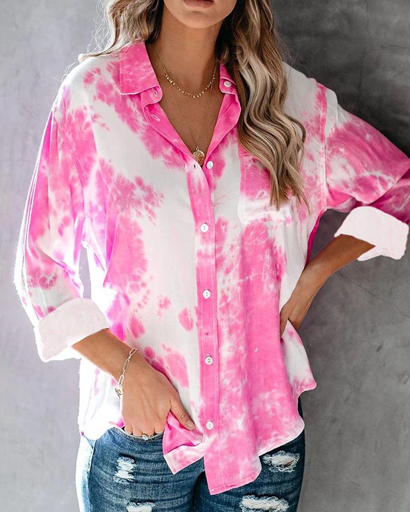 

Tie Dye Print Buttoned Pocket Design Casual Shirt, Pink