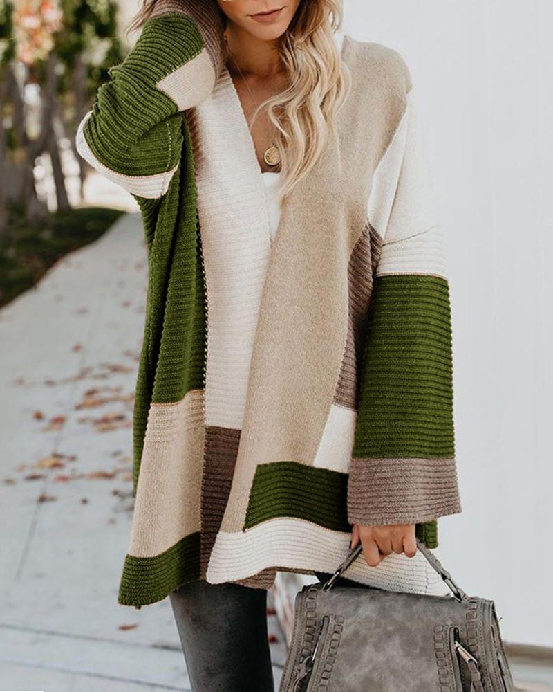 

Colorblock Long Sleeve Open Front Cardigan, Green