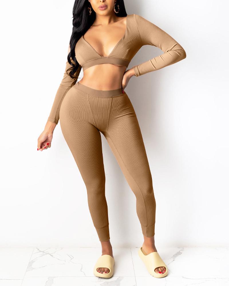 

Ribbed Long Sleeve Backless Crop Top & Skinny Pants Set, Khaki