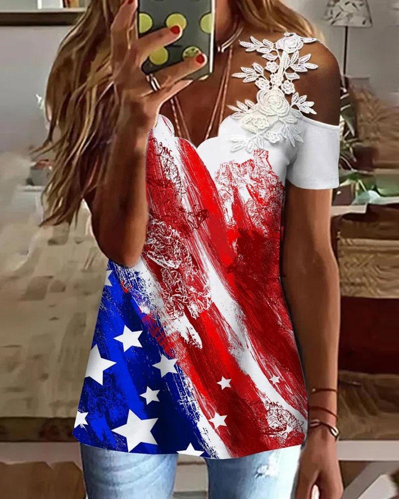 

Independence Day Flag Print Lace Patch Cold Shoulder Top, Multicolor