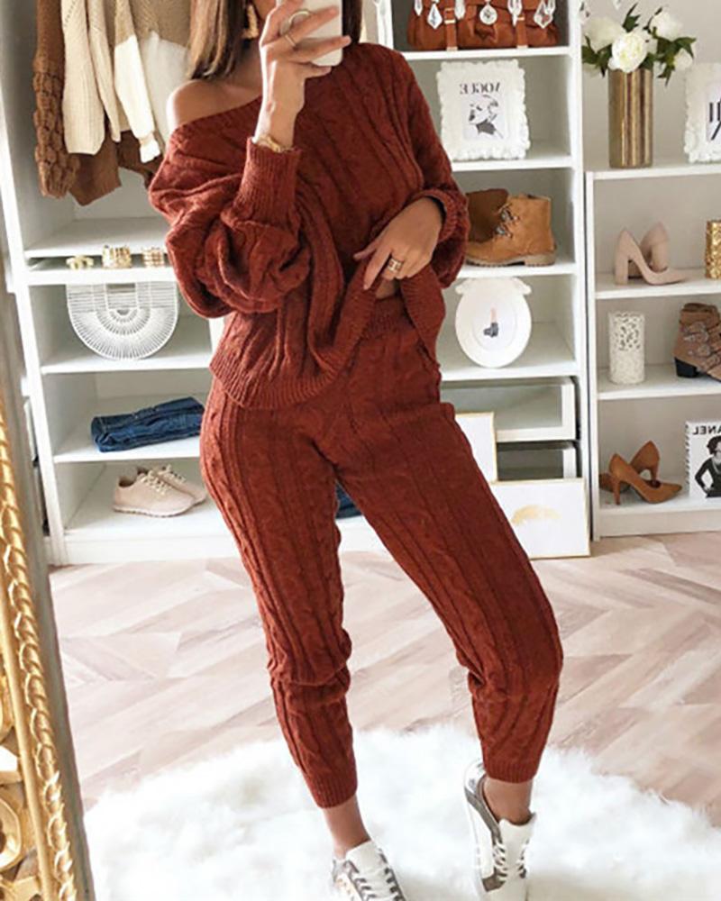 

Knit Long Sleeve Braided Sweater & Pants Set, Brown